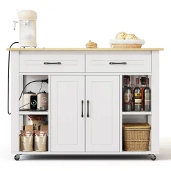 Îlot de Cuisine Buffet avec Roulettes - 2 Tiroirs, 2 Portes, Prises AC + USB, MDF, 120x77x93 cm - Blanc et Naturel