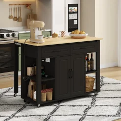 Îlot de Cuisine Buffet Roulettes - Prises AC USB, 2 Tiroirs, 2 Portes, Étagères Ouvertes, MDF - 120x77x93 cm - Noir/Naturel