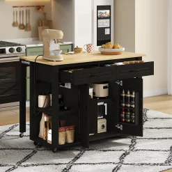 Îlot de Cuisine Buffet Roulettes - Prises AC USB, 2 Tiroirs, 2 Portes, Étagères Ouvertes, MDF - 120x77x93 cm - Noir/Naturel