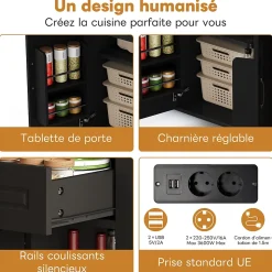 Îlot de Cuisine Buffet Roulettes - Prises AC USB, 2 Tiroirs, 2 Portes, Étagères Ouvertes, MDF - 120x77x93 cm - Noir/Naturel