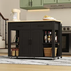 Îlot de Cuisine Buffet Roulettes - Prises AC USB, 2 Tiroirs, 2 Portes, Étagères Ouvertes, MDF - 120x77x93 cm - Noir/Naturel