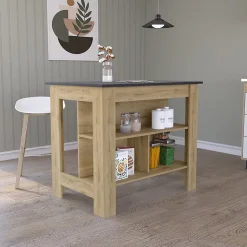 Îlot de cuisine Cala, trois étagères et quatre pattes, 90 cm à x 103 cm le x 70 cm P, macadamia / Noir