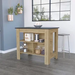 Îlot de cuisine Cala, trois étagères et quatre pattes, 90 cm à x 103 cm le x 70 cm P, macadamia / Noir