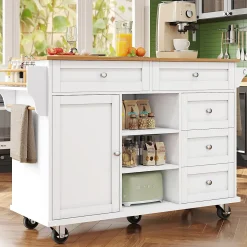 Îlot de cuisine Double Usage avec Tiroirs et Étagères, Meuble Mobile en MDF, Blanc, 134x46x92 cm
