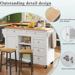 Îlot de cuisine Double Usage avec Tiroirs et Étagères, Meuble Mobile en MDF, Blanc, 134x46x92 cm