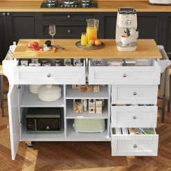 Îlot de cuisine Double Usage avec Tiroirs et Étagères, Meuble Mobile en MDF, Blanc, 134x46x92 cm