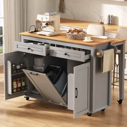 Îlot de Cuisine Extensible sur Roulettes - avec Prises, Étagères Réglables et Compartiment Poubelle - MDF Gris - 120x40-75x92 cm