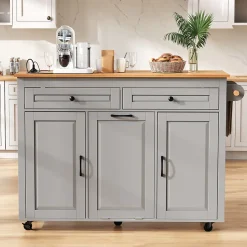 Îlot de Cuisine Extensible sur Roulettes - avec Prises, Étagères Réglables et Compartiment Poubelle - MDF Gris - 120x40-75x92 cm