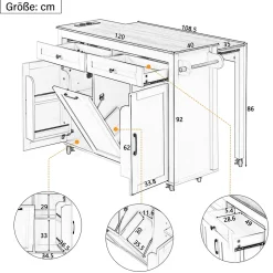 Îlot de Cuisine Extensible sur Roulettes - avec Prises, Étagères Réglables et Compartiment Poubelle - MDF Gris - 120x40-75x92 cm