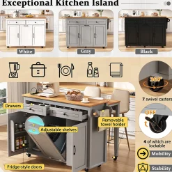 Îlot de Cuisine Extensible sur Roulettes - avec Prises, Étagères Réglables et Compartiment Poubelle - MDF Gris - 120x40-75x92 cm