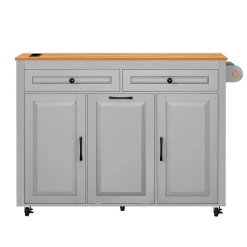 Îlot de Cuisine Extensible sur Roulettes - avec Prises, Étagères Réglables et Compartiment Poubelle - MDF Gris - 120x40-75x92 cm
