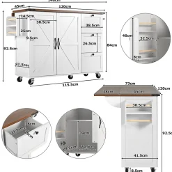 Îlot de Cuisine Extensible avec Plan de Travail Coulissant - 2 Portes et 3 Tiroirs en MDF et Métal, 140x73x92,5 cm, Blanc