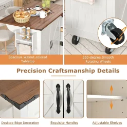 Îlot de Cuisine Extensible avec Plan de Travail Coulissant - 2 Portes et 3 Tiroirs en MDF et Métal, 140x73x92,5 cm, Blanc