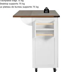 Îlot de Cuisine Extensible avec Plan de Travail Coulissant - 2 Portes et 3 Tiroirs en MDF et Métal, 140x73x92,5 cm, Blanc