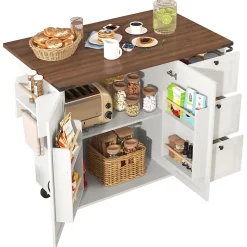 Îlot de Cuisine Extensible avec Plan de Travail Coulissant - 2 Portes et 3 Tiroirs en MDF et Métal, 140x73x92,5 cm, Blanc
