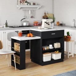 Îlot de Cuisine Extensible, Meuble de Cuisine Bicolore, Table Intégrée, Prise de Courant, Rangement, Tiroirs, Noir, 211x55x89,5 cm