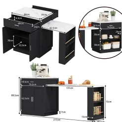 Îlot de Cuisine Extensible, Meuble de Cuisine Bicolore, Table Intégrée, Prise de Courant, Rangement, Tiroirs, Noir, 211x55x89,5 cm