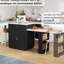 Îlot de Cuisine Extensible, Meuble de Cuisine Bicolore, Table Intégrée, Prise de Courant, Rangement, Tiroirs, Noir, 211x55x89,5 cm