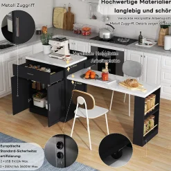 Îlot de Cuisine Extensible, Meuble de Cuisine Bicolore, Table Intégrée, Prise de Courant, Rangement, Tiroirs, Noir, 211x55x89,5 cm