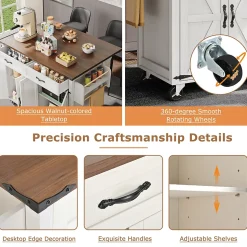 Îlot de Cuisine Extensible, 4 Portes et 2 Tiroirs - Plan de Travail Coulissant, MDF et métal, 140x72x93 cm, Blanc