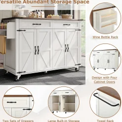 Îlot de Cuisine Extensible, 4 Portes et 2 Tiroirs - Plan de Travail Coulissant, MDF et métal, 140x72x93 cm, Blanc