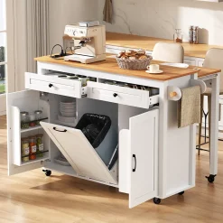 Îlot de Cuisine Extensible sur Roulettes - avec Prises et Étagères Réglables en MDF - Blanc - 120x40-75x92 cm