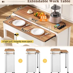 Îlot de Cuisine Extensible sur Roulettes - avec Prises et Étagères Réglables en MDF - Blanc - 120x40-75x92 cm