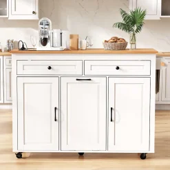 Îlot de Cuisine Extensible sur Roulettes - avec Prises et Étagères Réglables en MDF - Blanc - 120x40-75x92 cm