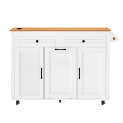 Îlot de Cuisine Extensible sur Roulettes - avec Prises et Étagères Réglables en MDF - Blanc - 120x40-75x92 cm
