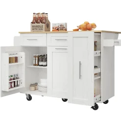 Îlot de Cuisine Extensible avec Plan de Travail et Rangement, Meuble Multifonction en MDF et Métal, Blanc, 134.5x74x90.5 cm