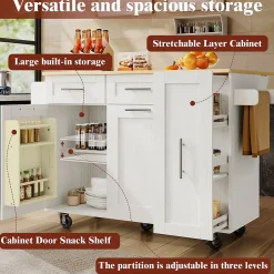 Îlot de Cuisine Extensible avec Plan de Travail et Rangement, Meuble Multifonction en MDF et Métal, Blanc, 134.5x74x90.5 cm