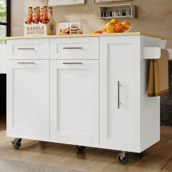 Îlot de Cuisine Extensible avec Plan de Travail et Rangement, Meuble Multifonction en MDF et Métal, Blanc, 134.5x74x90.5 cm