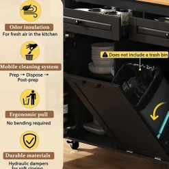 Îlot de Cuisine Extensible sur Roulettes - avec Prises et Étagères Réglables - MDF Noir - 120x40-75x92 cm