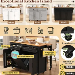 Îlot de Cuisine Extensible sur Roulettes - avec Prises et Étagères Réglables - MDF Noir - 120x40-75x92 cm