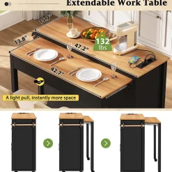 Îlot de Cuisine Extensible sur Roulettes - avec Prises et Étagères Réglables - MDF Noir - 120x40-75x92 cm