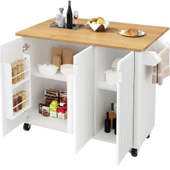 Îlot de Cuisine Extensible - desserte de Cuisine avec 3 Portes et Rangements, Meuble sur Roulettes en MDF, 130x45(75)x92 cm, Blanc
