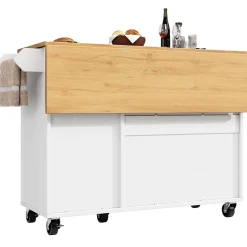 Îlot de Cuisine Extensible - desserte de Cuisine avec 3 Portes et Rangements, Meuble sur Roulettes en MDF, 130x45(75)x92 cm, Blanc