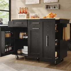 Îlot de Cuisine Extensible avec Plan de Travail et Rangement, Meuble Multifonction en MDF et Métal, Noir, 134.5x74x90.5 cm