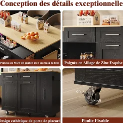 Îlot de Cuisine Extensible avec Plan de Travail et Rangement, Meuble Multifonction en MDF et Métal, Noir, 134.5x74x90.5 cm
