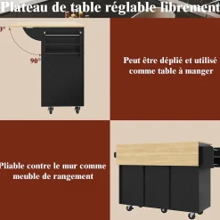 Îlot de Cuisine Extensible avec Plan de Travail et Rangement, Meuble Multifonction en MDF et Métal, Noir, 134.5x74x90.5 cm