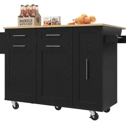 Îlot de Cuisine Extensible avec Plan de Travail et Rangement, Meuble Multifonction en MDF et Métal, Noir, 134.5x74x90.5 cm