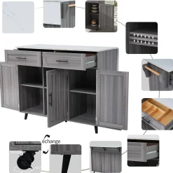 Îlot de Cuisine Îlot de Cuisine Mobile avec Table Pliante et 2 Tiroirs, desserte à Roulettes - Gris - 120x46-68x91,5 cm