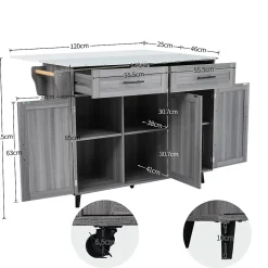 Îlot de Cuisine Îlot de Cuisine Mobile avec Table Pliante et 2 Tiroirs, desserte à Roulettes - Gris - 120x46-68x91,5 cm