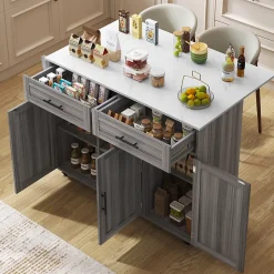 Îlot de Cuisine Îlot de Cuisine Mobile avec Table Pliante et 2 Tiroirs, desserte à Roulettes - Gris - 120x46-68x91,5 cm