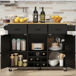 Îlot de Cuisine Mobile - desserte avec Plan de Travail et Porte-Serviettes - MDF - Noir - 124x40-65x91,5 cm