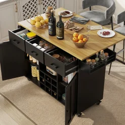 Îlot de Cuisine Mobile - desserte avec Plan de Travail et Porte-Serviettes - MDF - Noir - 124x40-65x91,5 cm