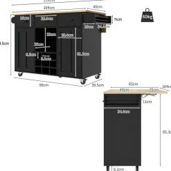 Îlot de Cuisine Mobile - desserte avec Plan de Travail et Porte-Serviettes - MDF - Noir - 124x40-65x91,5 cm