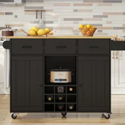 Îlot de Cuisine Mobile - desserte avec Plan de Travail et Porte-Serviettes - MDF - Noir - 124x40-65x91,5 cm