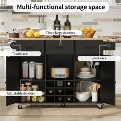 Îlot de Cuisine Mobile - desserte avec Plan de Travail et Porte-Serviettes - MDF - Noir - 124x40-65x91,5 cm