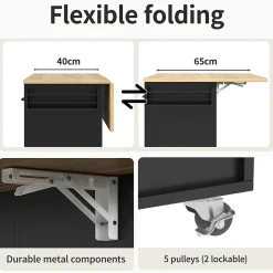 Îlot de Cuisine Mobile - desserte avec Plan de Travail et Porte-Serviettes - MDF - Noir - 124x40-65x91,5 cm